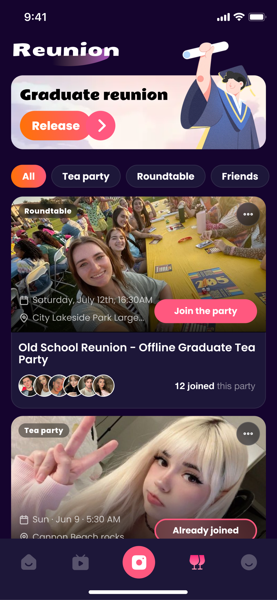 Olivia graduation meetup list interface