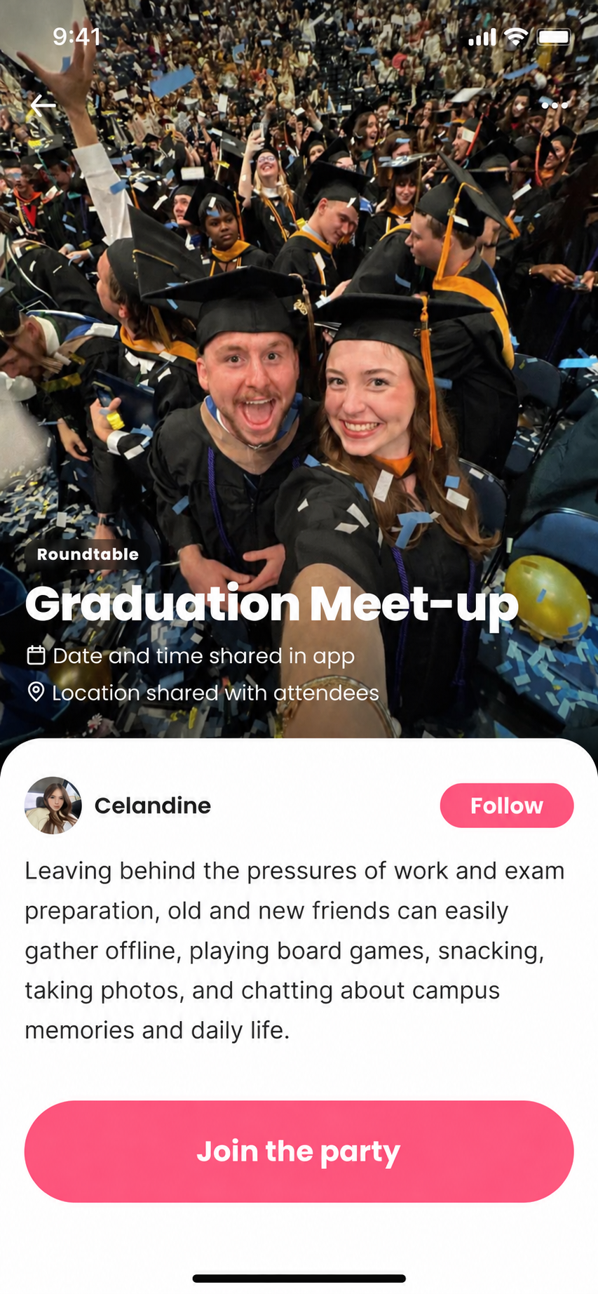 Olivia graduation meetup details interface